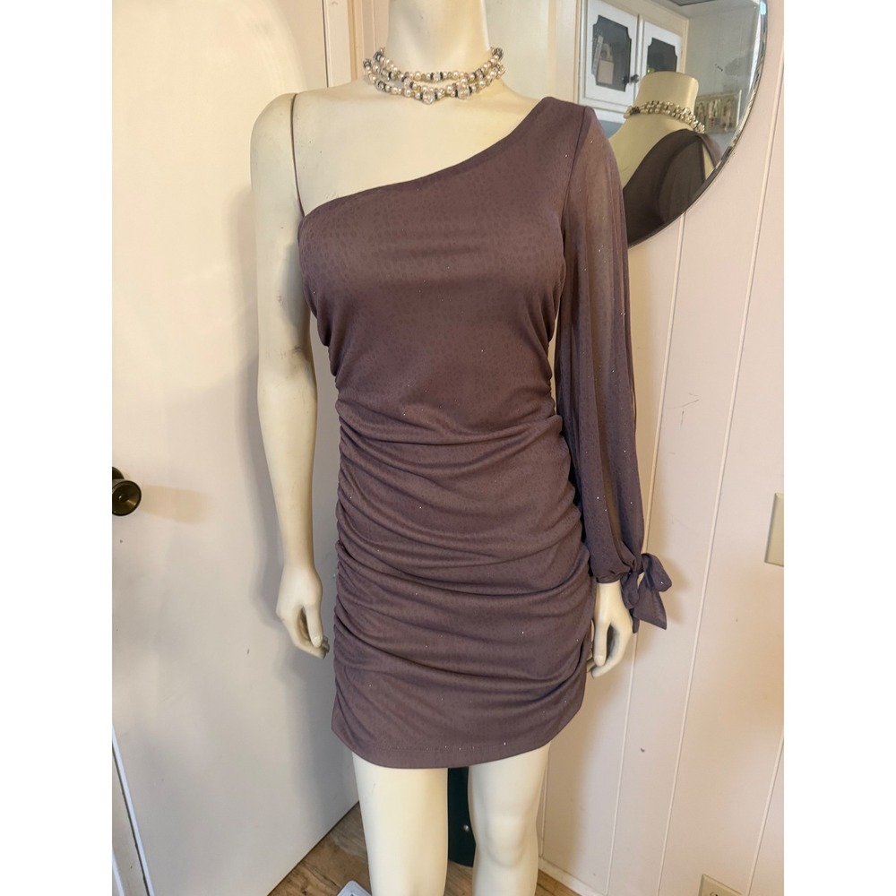 Teeze Me Mauve Sexy Glittery One Shoulder Ruched Mini Dress Light Purple M